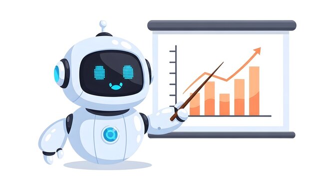 Friendly robot presenting business growth on a chart, illustrating data analysis and market trends for financial success, ideal for AI and technology concepts