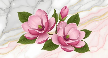 Elegant Pink Magnolia Blossoms with Green Leaves on a Luxurious Marble Background, Perfect for Decorative Projects and Designs, Floral Art