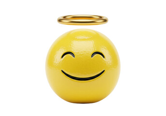 Yellow smiley face with golden halo isolated PNG, happy emoji with angel ring on transparent...