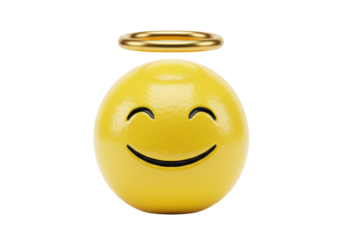 Yellow smiley face with golden halo isolated PNG, happy emoji with angel ring on transparent background