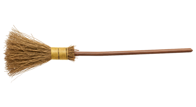 Traditional Straw Broomstick with Rustic Wooden Handle on Black Background