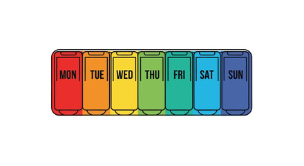 Rainbow colored weekly pill container for organizing daily medicine and supplements, with compartments labeled for each day of the week
