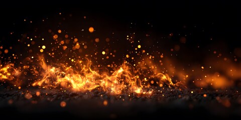Fiery flames dance across a dark backdrop, with glowing sparks and light flares emanating from the burning fire, generating an energetic visual with an intriguing ambiance on the blurred foreground