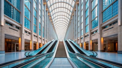 Fototapeta premium Modern indoor shopping center features glass architecture with escalators for easy access to upper levels in a bustling city