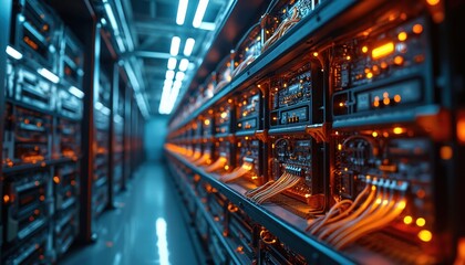 Rows of server racks filled with blinking lights and connected by orange cables. Advanced technology gleams in a futuristic data center with blue and orange illumination.