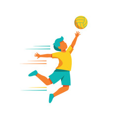 Fototapeta premium A dynamic young boy in vibrant sportswear leaps gracefully to spike a volleyball during an energetic game, showcasing athletic prowess and teamwork.