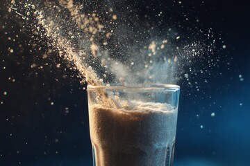 Slow-motion splash of collagen powder falling into glass of water with crystal droplets frozen mid-air, backlit glow, cinematic clarity, dynamic still life, horizontal composition