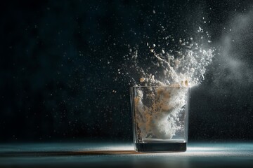 Slow-motion splash of collagen powder falling into glass of water with crystal droplets frozen mid-air, backlit glow, cinematic clarity, dynamic still life, horizontal composition