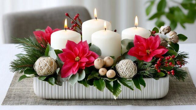 Advent centerpiece with four lit candles and poinsettias