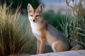 Fototapeta premium Desert fox looking alert sitting on sand