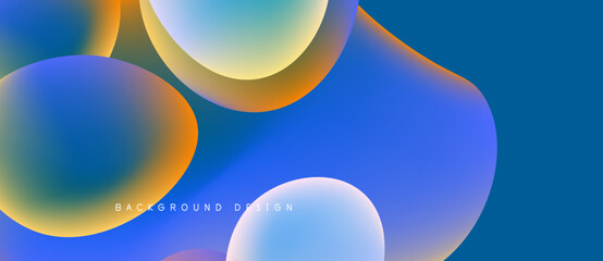 Abstract fluid shapes overlap, creating vibrant blue, orange gradients. Modern design evokes movement, depth, visual interest.