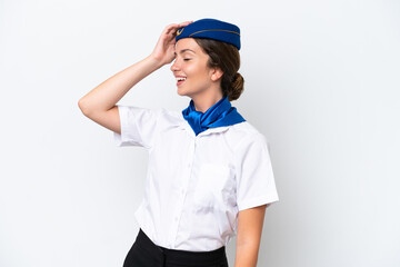 Airplane stewardess caucasian woman isolated on white background has realized something and intending the solution