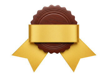 Elegant brown wooden seal with golden ribbon isolated PNG, award or certificate element on transparent background