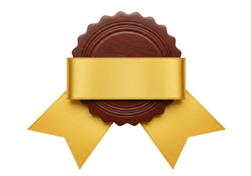 Elegant brown wooden seal with golden ribbon isolated PNG, award or certificate element on transparent background