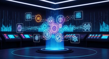 Explore cutting-edge AI technology with this futuristic interface, showcasing vibrant neon gears and digital displays for innovative solutions and powerful data analytics
