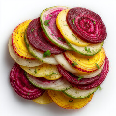 A vibrant arrangement of colorful beet slices arranged on a white surface with herb garnish visible