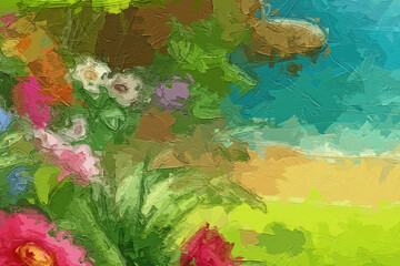 Various oil paintings, flowers, butterflies, roses, peonies, waterfalls, landscapes, forests, streams, chrysanthemums