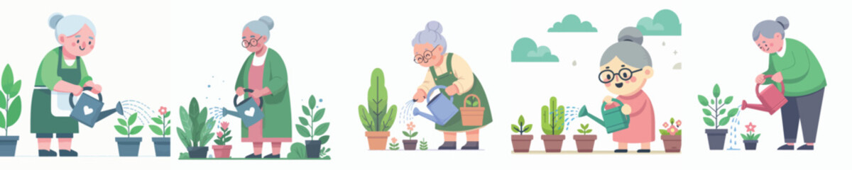 vector of grandmother watering plants