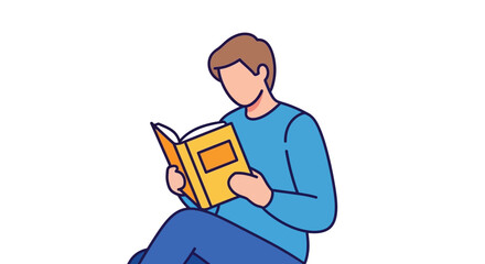 A man sitting and reading a yellow book with a blue shirt on
