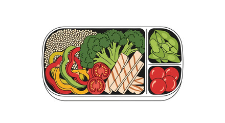 Flat lay of a healthy meal with chicken, broccoli, and assorted vegetables in a divided tray on a white background.