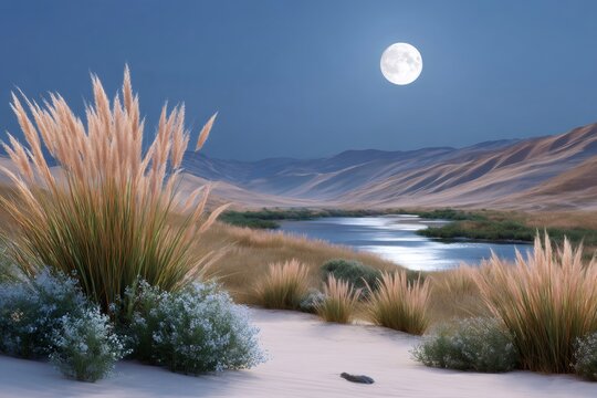 Full moon rising over desert oasis with pampas grass
