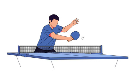 Illustration of a man playing table tennis with a paddle and ball on a blue table