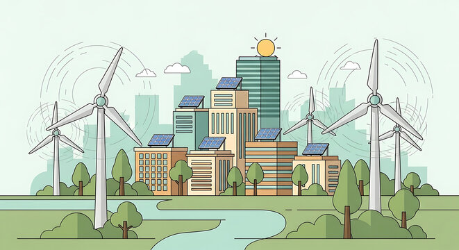 A modern metropolis thriving on renewable green energy from wind turbines and solar panels