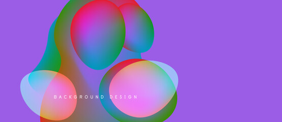 Abstract colorful shapes overlap purple backdrop. Modern design elements create vibrant visual experience. Smooth gradients enhance aesthetic appeal.