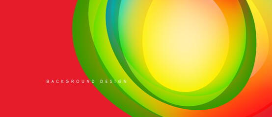 Fototapeta premium Abstract vibrant layers create dynamic circular design. Red background contrasts bright green, yellow, orange hues. Modern visual element.