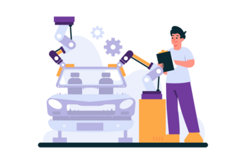 Man Overseeing Car Production with Robotic Arms and Gears in Transparent Background