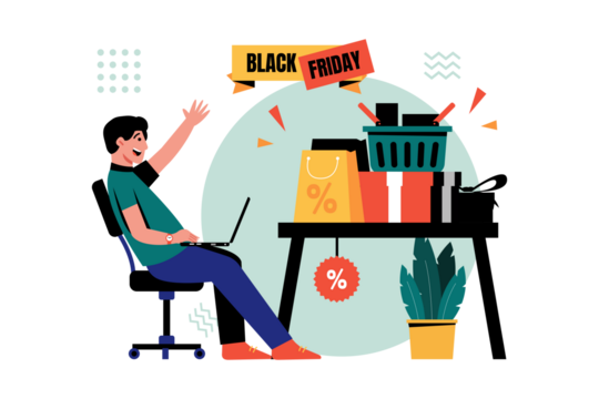 Man Shopping Online With Laptop During Black Friday Season Transparent Background Illustration - Powered by Adobe