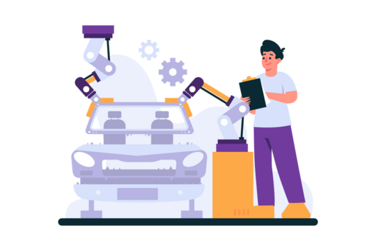 Man Overseeing Car Production with Robotic Arms and Gears in Transparent Background