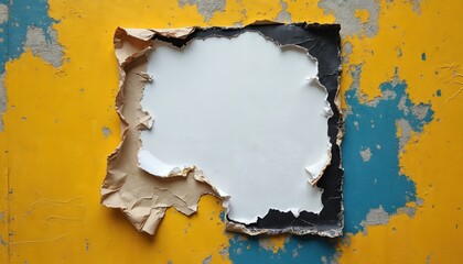 Torn posters reveal textured wall layers. Peeling paper shows brown and black underneath bright yellow and blue paint. Grunge background offers copy space for text.