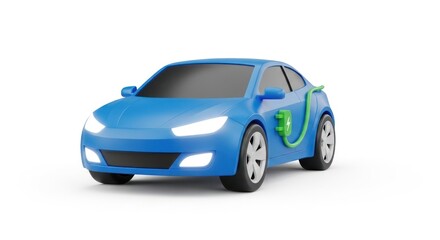 Electric vehicle charging station blue car with a green charging cable promoting sustainability