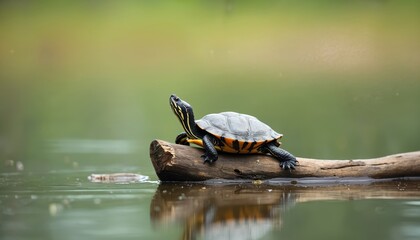 Obraz premium Adult yellow-bellied slider turtle with striped shell rests on large floating wood log in water. Wild aquatic reptile basks in warm sun, looking up from log. Animal enjoys natural fresh water