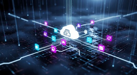 Experience the power of cloud computing with this dynamic illustration of a connected network, perfect for visualizing modern technology and digital transformation solutions