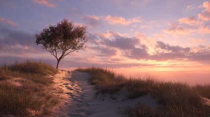 Fototapeta premium A lone tree stands gracefully on a sandy dune bathed in the warm glow of a serene sunset invoking feelings of peace and
