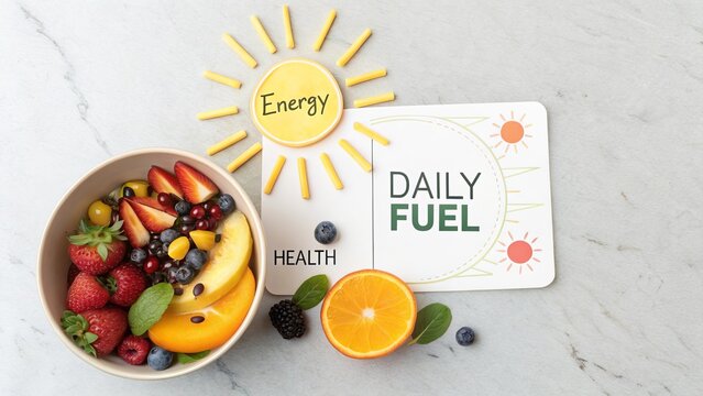 Flat lay of a bowl of fresh fruit and a healthy eating concept