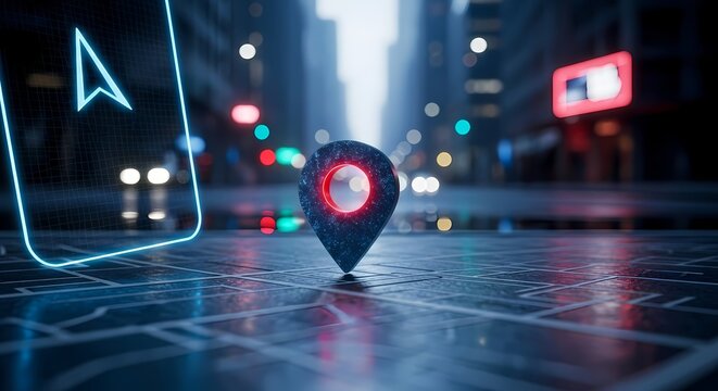 Find your way with a glowing map in the city at night, perfect for navigation apps, location services, or travel guides showing the modern tech of digital wayfinding