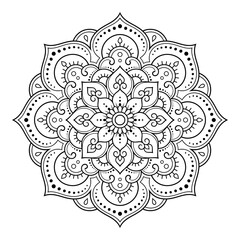 Circular pattern in form of mandala with flower for Henna, Mehndi, tattoo, decoration. Decorative ornament in ethnic oriental style. Outline doodle hand draw vector illustration.