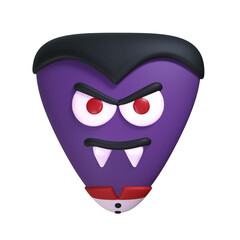 A 3D purple triangular flag with a cartoon Dracula face, featuring red eyes and prominent white fangs.