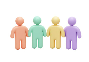 Four colorful clay figures holding hands isolated PNG, diverse team or community concept on transparent background