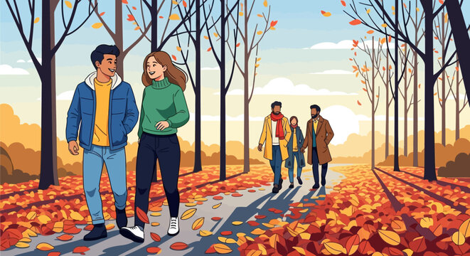 Couple walks on path covered in autumn leaves, with other people walking in the, enjoying beautiful fall day outdoors - Powered by Adobe