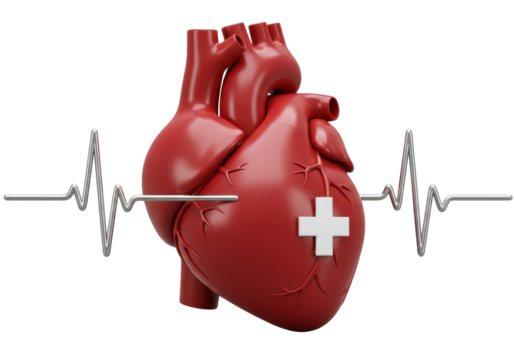 Realistic human heart with heartbeat line and medical cross isolated PNG, healthcare concept