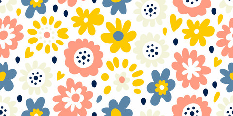 Charming seamless pattern of abstract colorful flowers and hearts on a white background