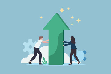 Teamwork and collaboration driving business growth and success with upward arrow and shining stars