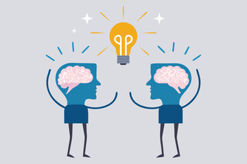 Two heads with brains and a lightbulb symbolizing shared ideas and innovation