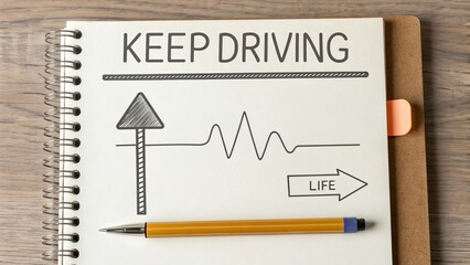 Notebook with Keep Driving Message and Heartbeat Wave Illustration