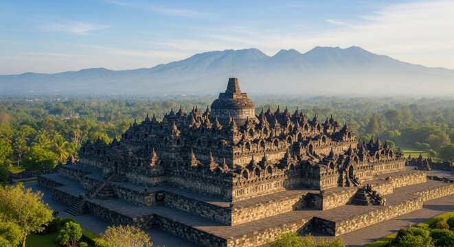 Majestic Borobudur Temple at Sunrise, Surrounded by Misty Mountains and Lush Jungle in Java, Indonesia