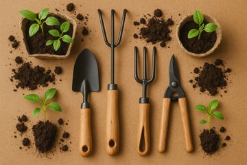 Gardening tools and young seedlings on soil background. Perfect concept for spring planting and eco lifestyle.